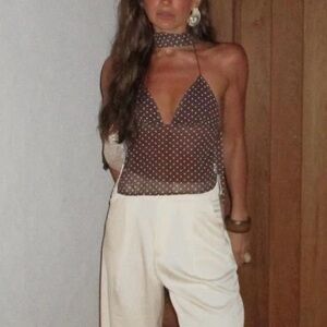 Sheer Polka Dot Halter Top in Brown